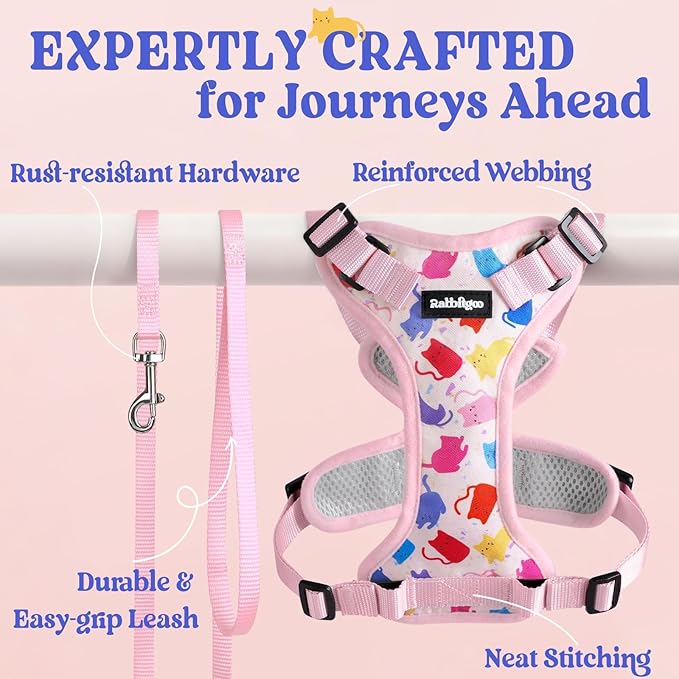 rabbitgoo Cat Harness and Leash Set, Escape Proof Vest Harness for Safe Outdoor Walks, Soft Breathable Adjustable Vest with Reflective Strips for Small and Average Cats, Purrty Pink, S
