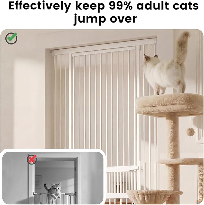 Gardner Pet Extra Tall Cat Gate 49"-86" Adjustable Height, Tall Pet Gate for Doorways/Hallways with 27.5"-37" Adjustable Width Baby Gate with 4 Extensions Kits, No Drilling Pressured Mounted (White)