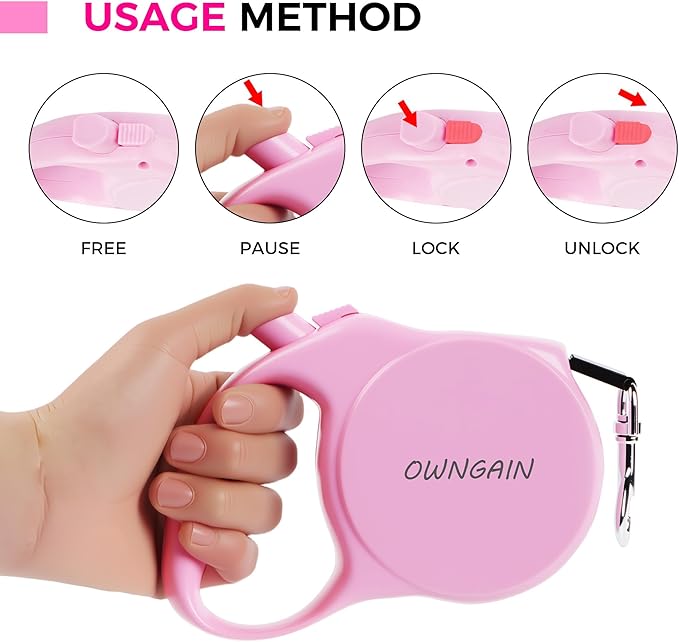 Pink Retractable Dog Leash,Strong Nylon Tape-One-Handed One Button Lock for Puppy, Cat, Pet Walking and Training,16ft Dog Walking Leash with 360°Tangle-Free Design,Anti-Slip Handle (Pink -Small)