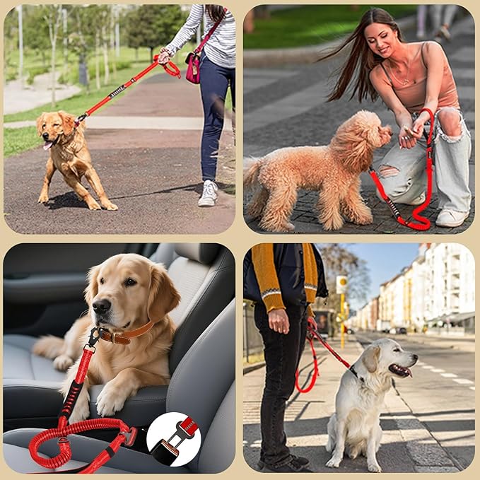 Heavy Duty Tactical Dog Leash, 4-6FT Shock Absorbing Bungee Lead with 2 Padded Handles, Metal Carabiner & Seatbelt Clip, Reflective No-Pull Leash for Medium/Large Dogs (Red)