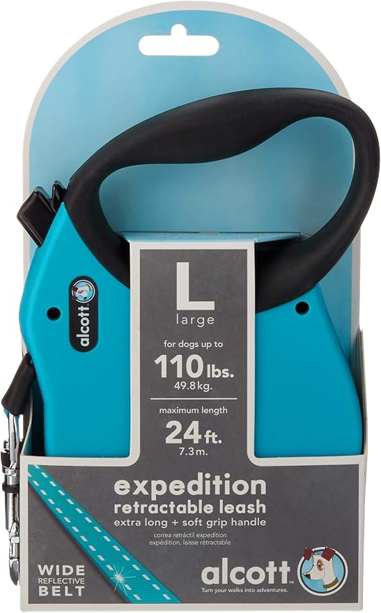 Alcott Expedition Retractable Reflective Belt Leash – 24 Feet – Large for Dogs up to 110 lbs, Blue with Black Soft Grip Handle – Durable & Comfortable Dog Leash