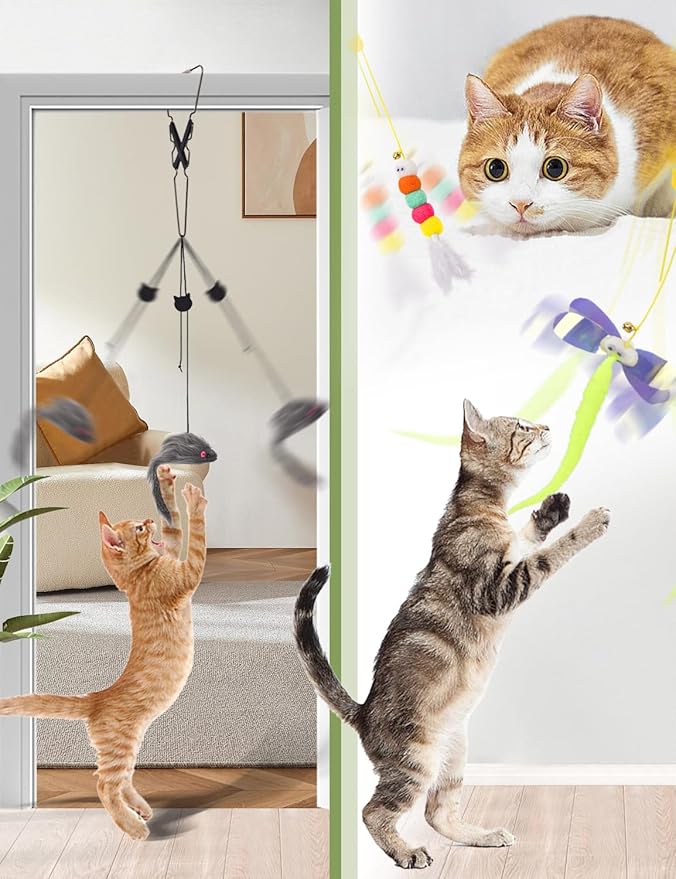 CAPHONT Hanging Interactive Cat Toy for Indoor Cats, 3 Pack Retractable Cat Feather Toy Kitten Toys with Bell/Elastic Rope/Adjustable Buckle for Play Chase Exercise Teaser