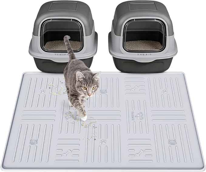 Large Silicone Cat Litter Mat, 34.3" X 24.8" Litter Trapping Mat, Soft and Waterproof Cat Litter Box Mats for Floor-Grey