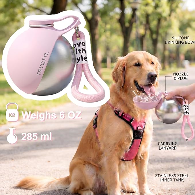 Dog Water Bottle, 10oz Stainless Steel Portable Dog Water Bottle with Foldable Silicone Bowl, 2-in-1 Portable Dog Water Bowl for Water & Food, Water Dispenser for Dogs Walking (Blue Printed)