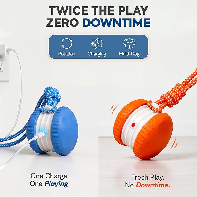 (2 Pack) Interactive Dog Toys for Small Dogs — Boredom Relief & Indoor Enrichment, Automatic Rolling Ball with Rope, Motion Activated Self Moving Dog Toy (Blue + Orange)