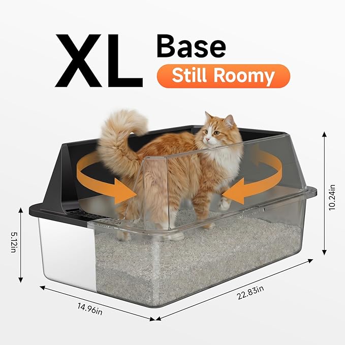 Stainless Steel Litter Box with High Sides Lid, XL High Sided Cat Litter Pan, Open Top Extra Large Metal Cat Litter Box, Non-Stick Leakproof, Litter Scoop Included, Black