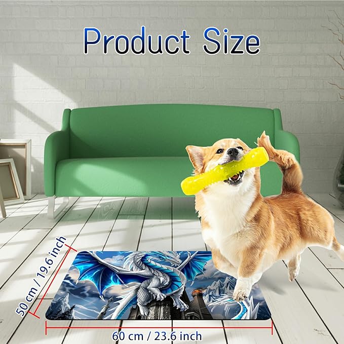 Dog Food Mat, 19.6" x 23.6" Absorbent Pet Feeding Mat for Food and Water, Waterproof Diatom Mud Pet Placemat with Non-Slip Rubber Backing, Easy Clean Cat Bowl Mat for Floors - Blue Cool Dragon