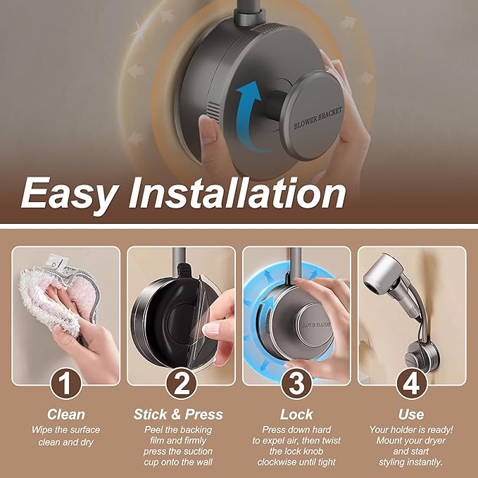 Hair Dryer Stand Hands Free Wall, 360 Adjustable Hose Positionable Arm and strong adhesive Suction Cup Hair dryer storage rack for Ceramic Tile (Grey 1Pack)