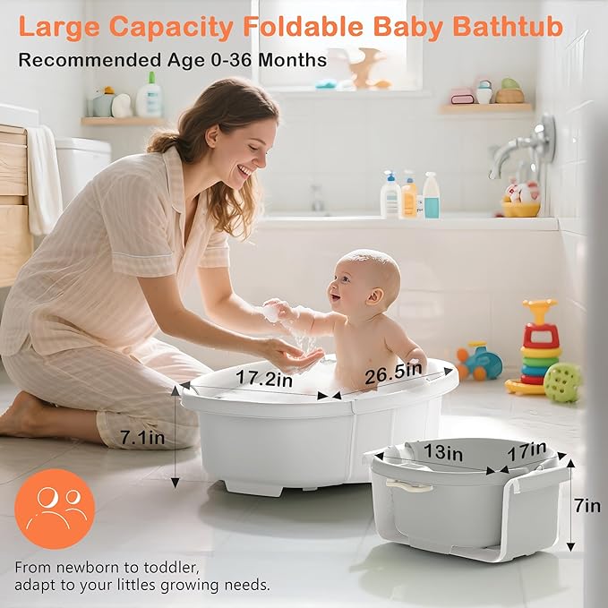 Collapsible Baby Bathtub - Large Baby Bath Tub with Thermometer & Cushion | Travel Portable Newborn Infant Bathtub | Foldable Toddler Bathtub for Baby 0 to 36 Months (White)