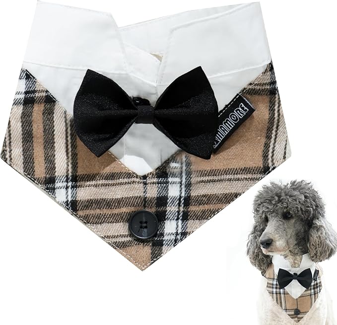 Dog Tuxedo Wedding Suit Shirt with Bow Tie, Formal Outfit Tux Attire for Puppy Small Medium Dogs Cats Costume (Khaki Tux, Small)
