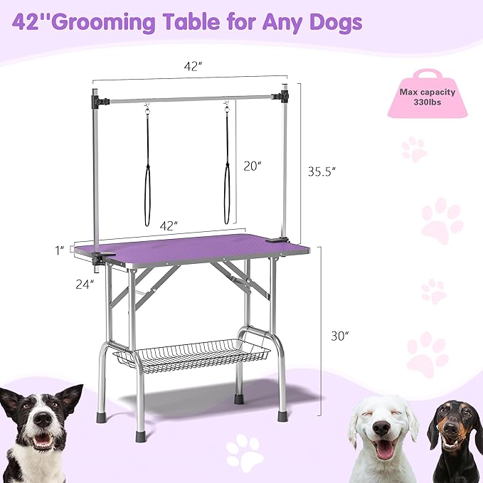 Dog Grooming Table, Adjustable Large Pet Drying Desktop, Foldable Bathing Desk with Arms, Noose, Mesh Tray, Maximum Capacity Up to 330Lb, 42in, Purple