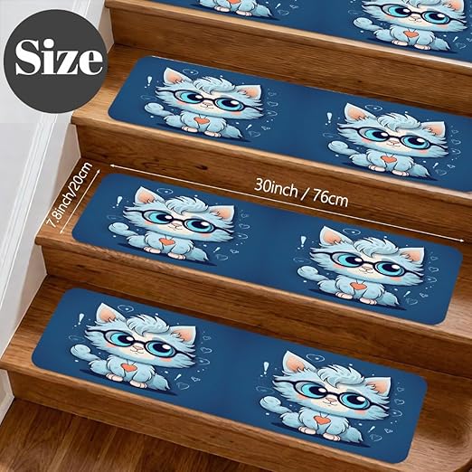 Animal Cartoon Cute Cat Stair Treads for Wooden Steps Indoor Washable Staircase Carpet 1PCS 30"x7.8" Stair Step Treads Non-Slip Staircase Covers Peel and Stick Safety Mat for Kids Elders Pets