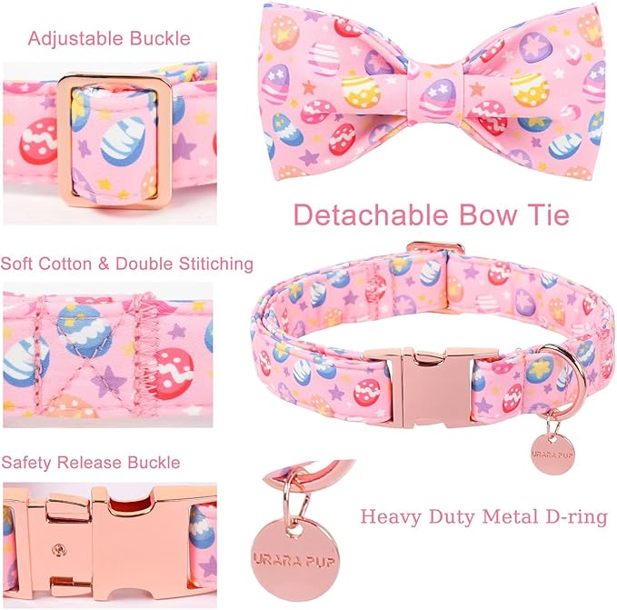 Easter Day Dog Collar with Bow, UP URARA PUP Easter Eggs Adjustable Pet Collar Bowtie with Metal Buckle, Colorful Eggs Cotton Dog Collars for Small Medium Large Dogs, S