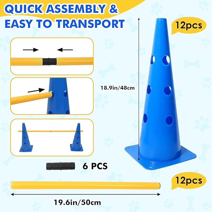 Wdmiya Dog Agility Course Backyard Set with Height Adjustable Crossbar, Dog Agility Training Hurdle Cone Set, 18.9" Dog Agility Equipment for Rehabilitation, Obedience, Starter - 6 Poles & 12 Cones