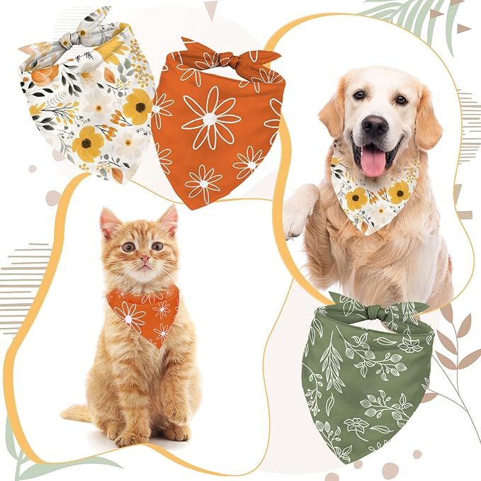 Whaline 4 Pcs Boho Pet Bandanas Spring Daisy Rainbow Floral Flower Dog Scarf Washable Adjustable Triangle Dog Bibs Puppy Neckerchief for Cat Pet Birthday Costume Accessories