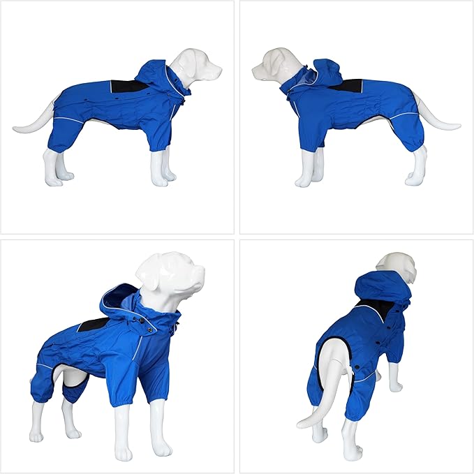 LOVELONGLONG Waterproof Dog Raincoat with Removable Hood – Outdoor Full Body Dog Jacket, Windproof Snowproof Shell Suit – All Season Pet Rain Gear Blue M