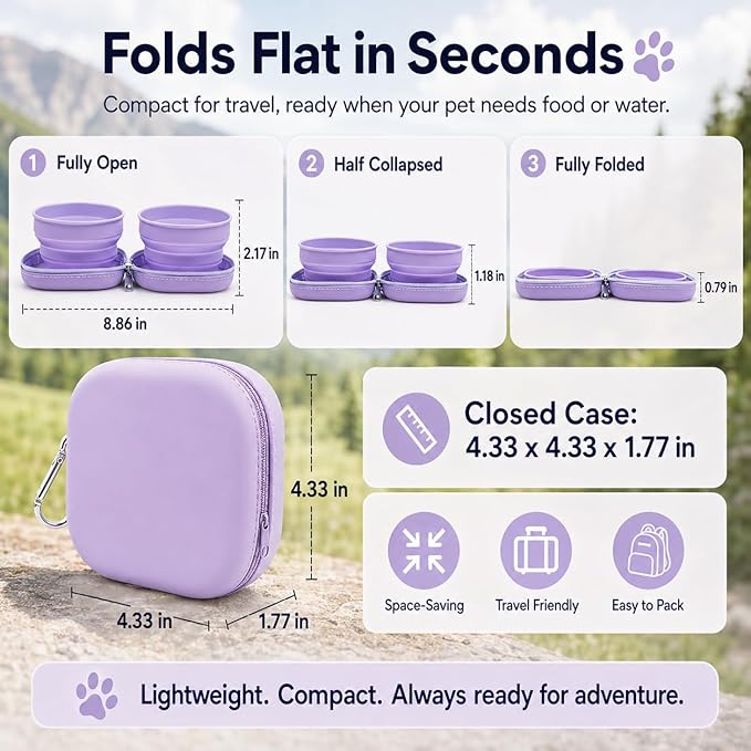 Portable Dog Bowl, Collapsible 2-in-1 Travel Dog Bowls with Carabiner Clip, Silicone Double Pet Food and Water Dish for Outdoor Camping and Hiking (Purple)