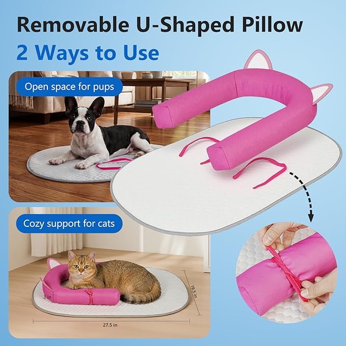 Cat Cooling Mat with Soft U-Shaped Pillow– Breathable Calming Cooling Pad for Cats– Portable Washable Summer Cooling Cat Bed for Indoor Or Travel Use,Hot Pink Cat