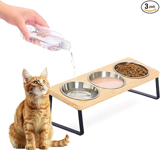Hannadepot Elevated Cat Bowls, 15° Tilted Raised Cat Food and Water Bowl, Anti-Vomit & Whisker-Friendly Design, 3 Stainless Steel Bowls for Cats and Small Dogs