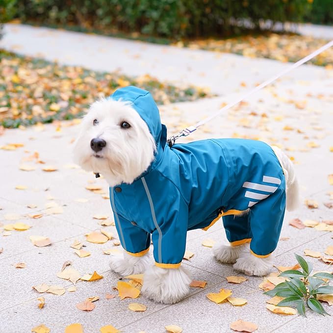 Dog Raincoat, Waterproof Dog Rain Jacket with Hood, Rain Coat with Leash Hole, Reflective Strap for Small Medium Dogs, Outdoor Adventures/Walking Lightweight Puppy (Blue,L)