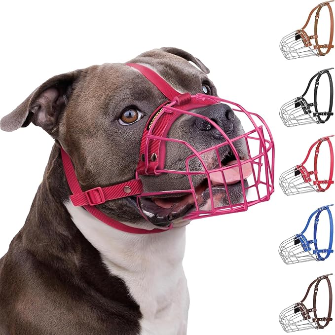 BRONZEDOG Pitbull Dog Muzzle Breathable Metal Basket for Large Dogs Amstaff Staffordshire Terrier Biting Chewing Barking (Nylon, Pink)