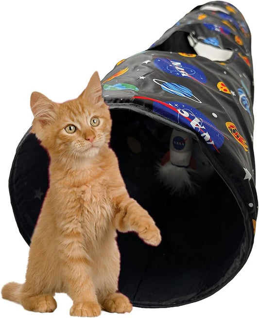 Pets First NASA Cat Tunnel Tube Toy with Plush Football Catnip and Feathers Collapsible Tunnel for Cats to Play, Peek and Hide, Fun Cat Tunnel Toy with NASA Logo All-Over Design!