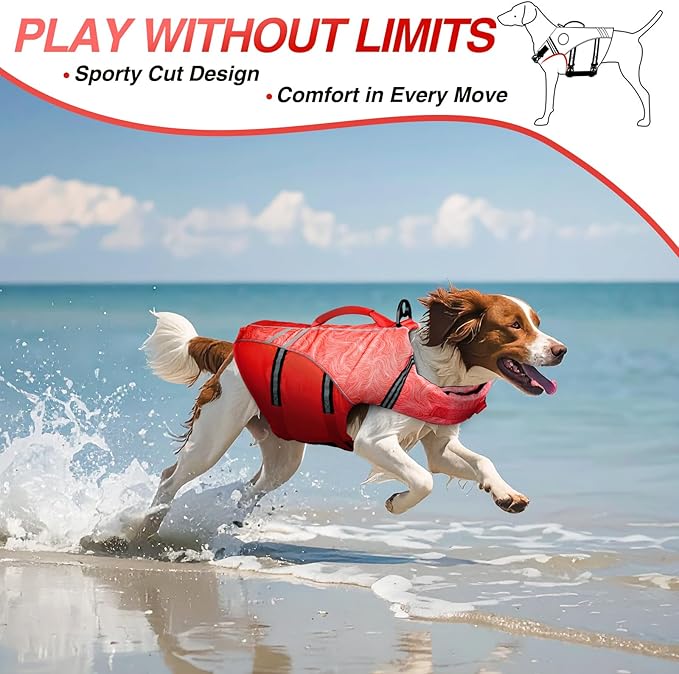 VIVAGLORY Sports Style Dog Life Vest, Dog Life Jacket for Swimming & Boating, Ripstop & Buoyancy for Puppy Doggy, Lifejacket with Handle, M, Red