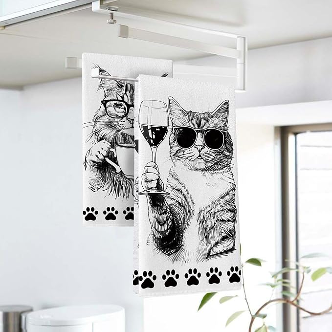 Funny Cat Kitchen Dish Towels Set of 2, Black White Coffee Wine Drying Hand Towel Baking Cooking Cloth, Paw Print Bar Pub Cafe Home Decoration Gifts for Pet Cat Owner Lovers 18'' x 26''