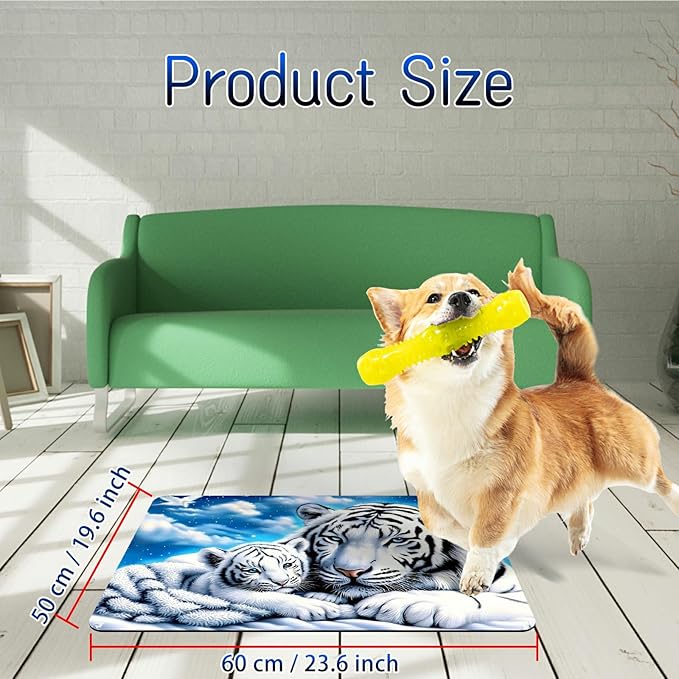 Dog Food Mat, 19.6" x 23.6" Absorbent Pet Feeding Mat for Food and Water, Waterproof Diatom Mud Pet Placemat with Non-Slip Rubber Backing, Easy Clean Cat Bowl Mat for Floors - White Tiger