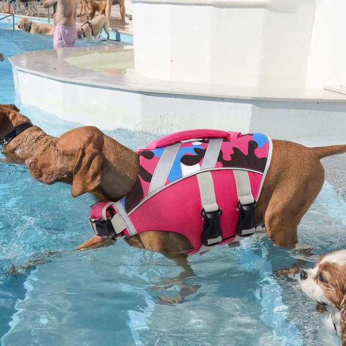 Kuoser Dog Life Jacket with Reflective Stripes, Dog Life Vest for Swimming Boating, Adjustable Pet Lifejackets with High Flotation, Doggie Swimsuit for Small Medium Large Dogs