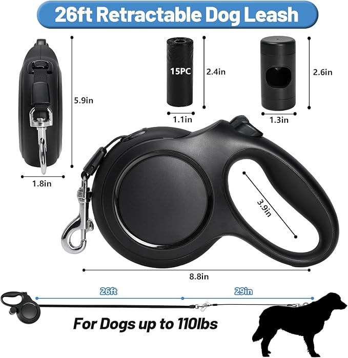26ft Heavy Duty Retractable Dog Leash for Large Dogs, Dog Leash with Poop Bag Holder, Up to 100lbs, Chew Proof Cable, One-Handed Pause & Lock, 360° No Tangle. (26 ft, Black)