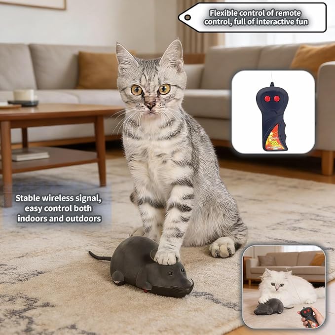 Remote Control Mouse Cat Toy, Realistic RC Interactive Pet Toy with Wireless Controller, Forward and Backward Movement, Gray Plush Electronic Mouse for Cats and Dogs, Funny Pet Teaser for Indoor Cats