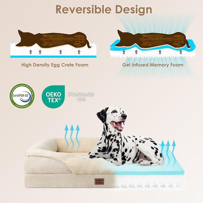 EHEYCIGA Orthopedic XL Dog Bed for Large Sized Dog, 48x35 Inch Extra Large Memory Foam Dog Couch Bed with Sides, Waterproof Liner & Washable Removable Cover, Bolster Pet Sofa, Beige
