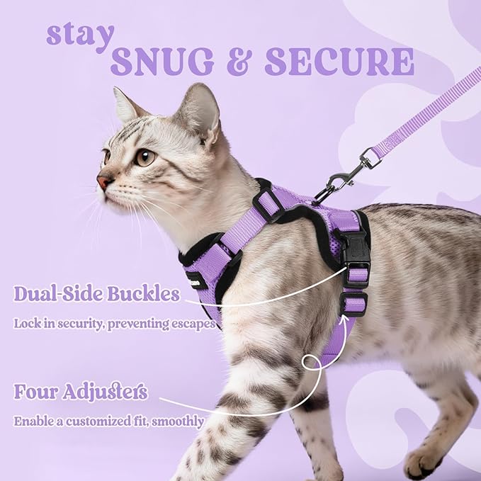 rabbitgoo Cat Harness and Leash Set, Escape Proof Vest Harness for Safe Outdoor Walks, Soft Breathable Adjustable Vest with Reflective Strips for Average to Large Cats, Light Purple, M