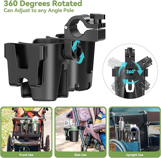 KDD Stroller Cup Holder with Phone Holder, 3-in-1 Removable Bottle Holder, 360 Degrees Rotation Drink Holder for Wheelchair, Stroller, Bike, Walker, Scooter, Bicycle, Uppababy, Bugaboo, Britax