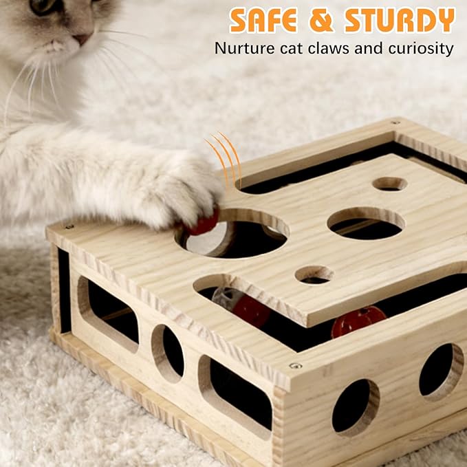Cat Scratch Puzzle Enrichment Box, Wooden Cat Nail File Box Stress Free Alternative to Grinders, Maze Toy Box for Indoor Cats Scratching, with Sandpaper & 3 Bell Balls