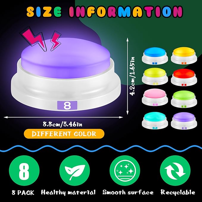 8 Pack Recordable Game Buzzers with Lights & Sound – Loud Trivia & Family Feud Buzzers for Classroom, Parties & Game Nights