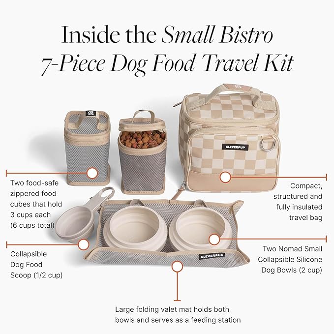 Cleverpup Small 7-Piece Bistro Box Dog Food Travel Kit, 6-Cup BPA-Free Kibble Storage, 2 Silicone Bowls, Mat & Scoop - Portable Pet Food Kit for Weekends, Overnights, Daycare & Camping, Checkerboard