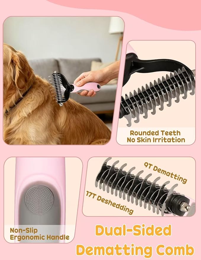 Specialized Dogs Grooming Set for Shedding Season, 10-Piece Set, Including Pet Nail Clippers, Nail Files, a Flea Comb, Grooming Gloves, and a Comb Set; Suitable for Cats and Dogs (Pink)