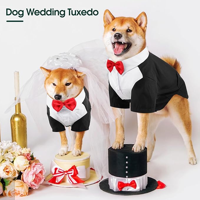 Kuoser Dog Tuxedo and Bandana Set, Dog Wedding Suit with Bow Tie, Formal Pet Tux Party Birthday Costume Shirt for Small Medium Large Dogs, Puppy Prince Attire Outfit for Halloween Valentines Christmas