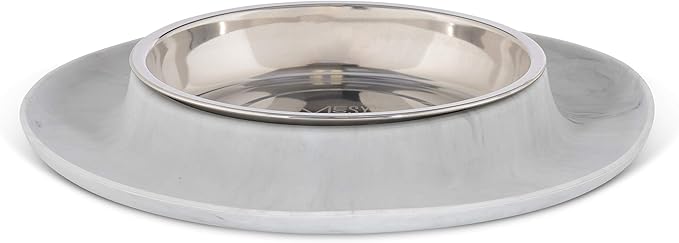 Messy Cats Single Silicone Feeder with Stainless Saucer Shaped Bowl | Anti-Slip Non-Skid Cat Food Bowl | One Cat Bowl in Feeding/Water Station | 1.75 Cups (Marble)