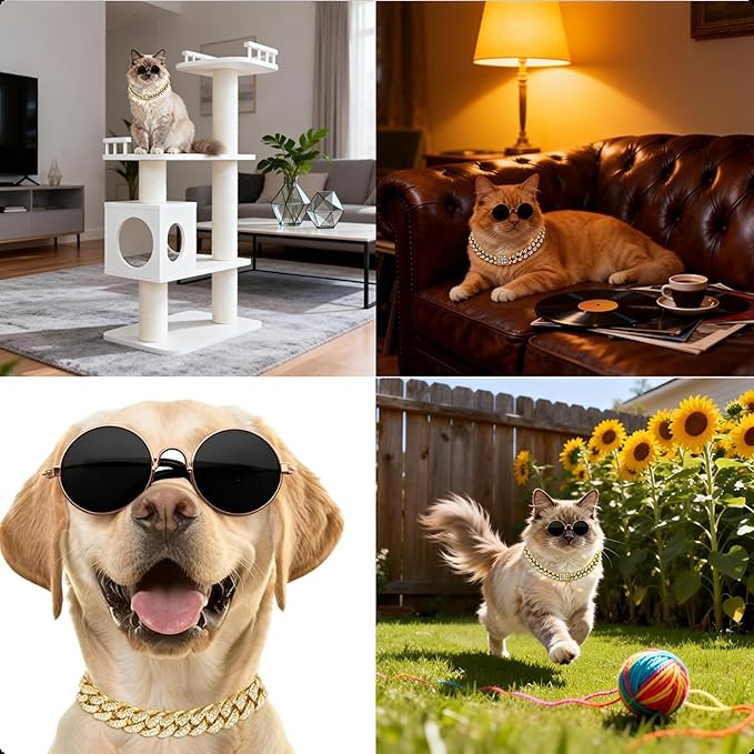 Dog Sunglasses with Rhinestone Chain Necklace, Cool Glasses Dog Collar Necklace for Cats Dogs Dolll, Golden Sunglasses Gold Chain Funny Costumes for Small Pet Holiday Party Costume