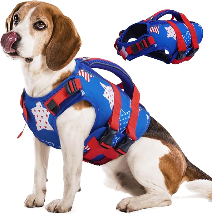 Kuoser Dog Life Jacket High Flotation, American Flag Dogs Life Vest for Swim Boating, Independence Day dog lifejacket with Reflective & Rescue Handle, Adjustable Doggy Life Preserver for Large Dogs, L