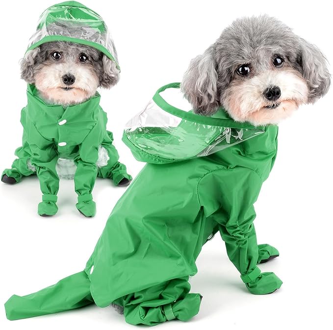 Zunea Waterproof Dog Raincoat with Hood for Small Dogs Rain Poncho Jumpsuit with Rain Boots Puppy Hooded Slicker Rainwear Four-Legged Pet Rain Jacket for Walking Green L