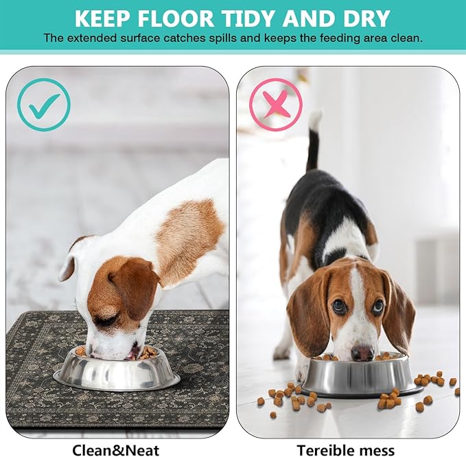 Vintage Tribal Dog Food & Water Mat, Boho Pet Feeding Mat for Floor Non-Slip Waterproof, Super Absorbent Cat Bowl Mat, Easy to Clean Durable Pet Placemat,16" × 24"