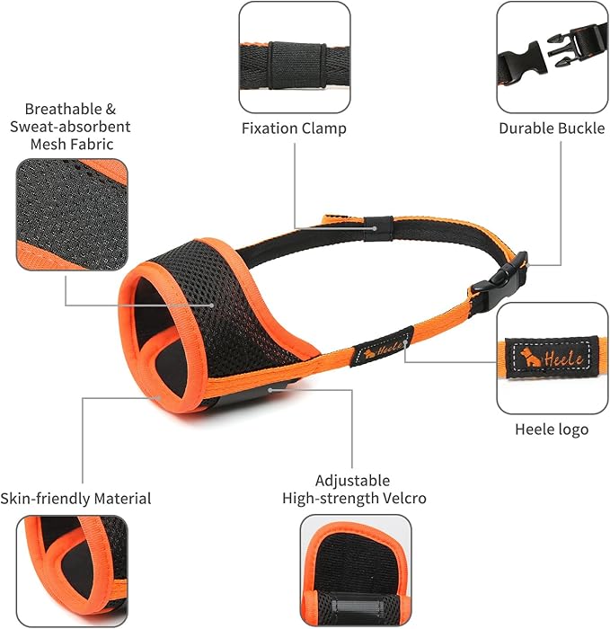 HEELE Dog Muzzle,Soft Nylon Muzzle Anti Biting Barking Chewing,Air Mesh Breathable Drinkable Adjustable Loop Pets Muzzle for Small Medium Large Dogs 4 Colors 4 Sizes (Orange, S)
