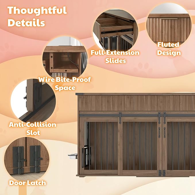 71'' Dog Crate Furniture for 2 Dogs, Wooden Double Dog Kennel with Removable Divider & 360° Rotating Feeder, 3 Fluted Drawers, Charging Station, TV Stand or Side Table (Walnut)