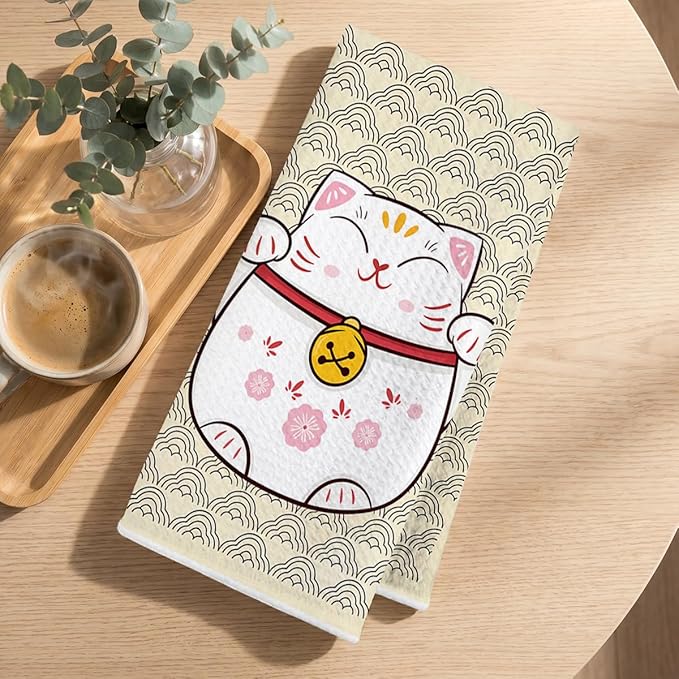 2 Pcs Cute Cat Kitchen Towels 14x24 Inch, Adorable Cats Waffle Hand Towels for Kitchen Home Farmhouse, Cat Lover Gifts for Cleaning Drying Wiping Tasks Dish Cloth Tea Towel Housewarming Gifts