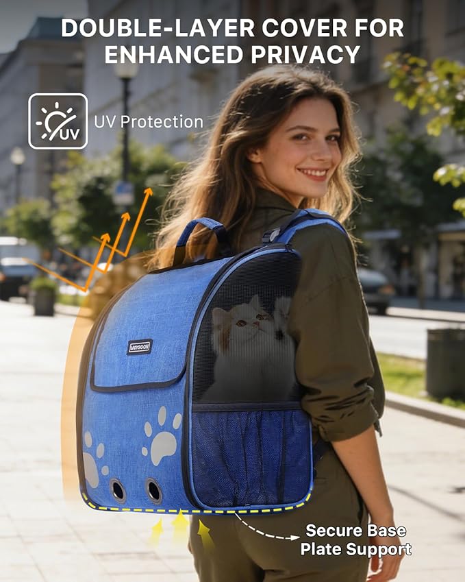 Cat Backpack Carrier, Ventilated Cat Backpack with Reflective Strips, Foldable Cat Carrying Backpack for Kitty Small Dog up to 15lbs (Blue)