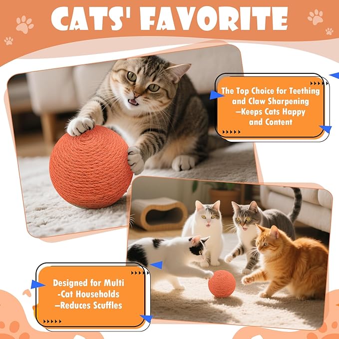 3.94 inch Sisal Cat Ball Toy, Interactive Natural Cat Scratching Ball, Perfect Scratcher for Cats' Exercise and Fun (Orange)
